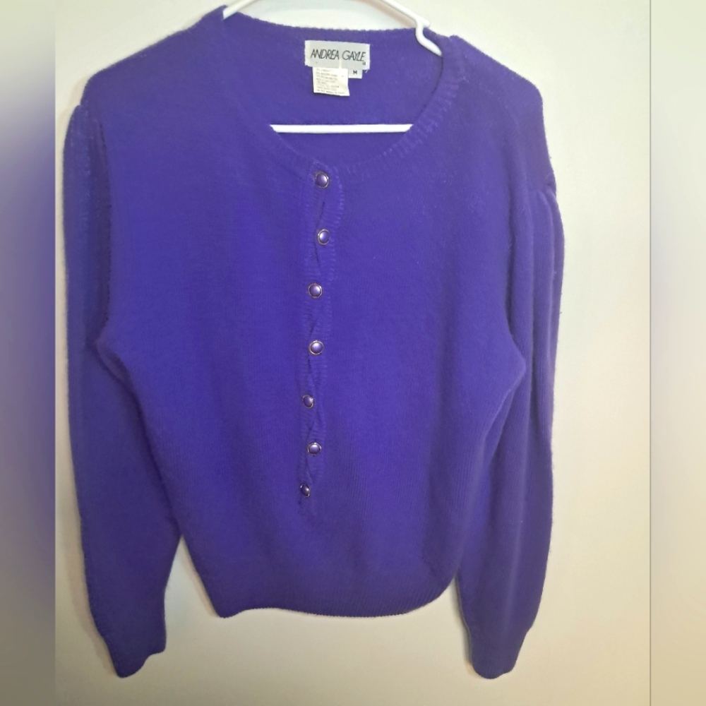 Vintage Andrea Gayle Button Down Sweater Purple Med Lambswool Angora Rabbit Hair